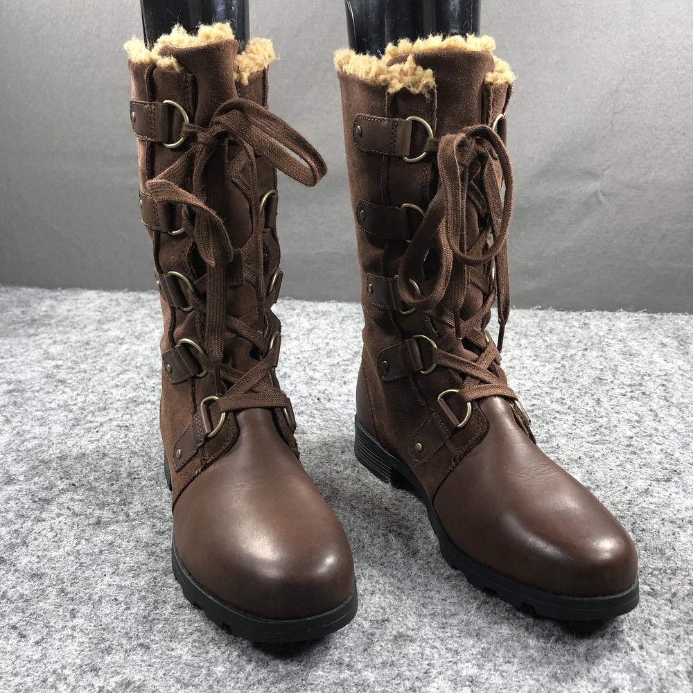 Sorel Emelie Snow Boots Womens 10 Brown Leather Faux Fur Lace Up NL3308-256